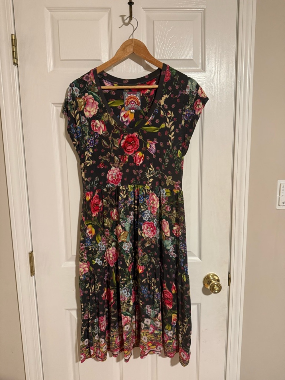 Johnny Was Black Floral Print Tee Shirt Dress